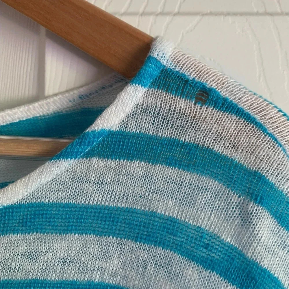 Lauren Ralph Lauren Top Linen Large White Blue Striped Dolman Sleeve Euro Summer - Picture 11 of 12